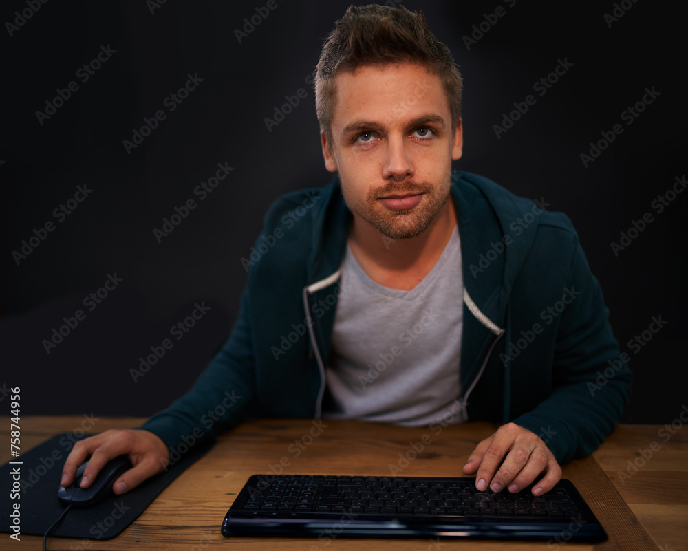 Aufkleber Man, keyboard for code and programmer typing, information technology with video game or software development. Internet, computer programming and face with gamer or developer for cyber security