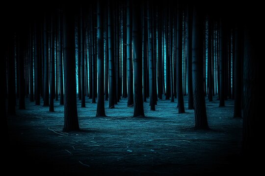 This captivating image presents a serene yet haunting forest bathed in a surreal blue hue. The dense array of trees creates a maze-like effect, leading the viewer to wonder what might lie beyond. The