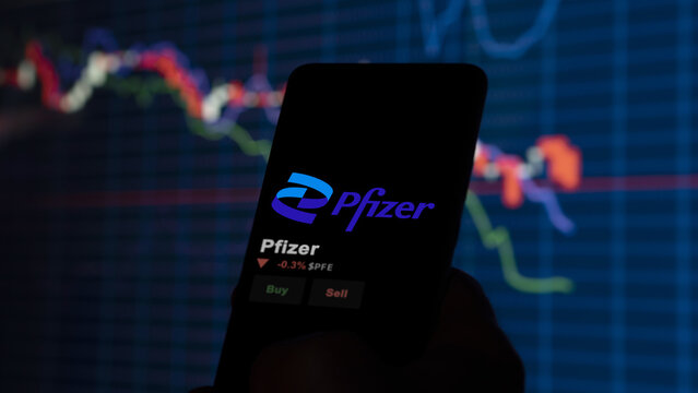 January 15th 2024. The logo of Pfizer on the screen of an exchange. Pfizer price stocks, $PFE on a device.