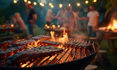 Barbecue party with people in the background, grilled ribs, bacon and pork meat, grilled meat, fire, summer party, barbecue in the garden,  people having fun, family and friends, Generative AI 