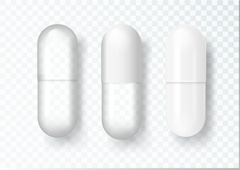 Pill Medical capsule tablet icon isolated on transparent grid background. Vector realistic