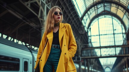 Kobieta w żółtym płaszczu stoi na peronie dworca kolejowego, w modnym ubraniu i okularach przyciemnianych. W tle widoczne są tory kolejowe i stojący pociąg i szklany dach - obrazy, fototapety, plakaty