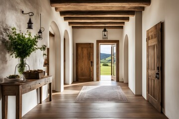 Fototapeta premium Country House Entrance: Rustic Style Hallway with Stucco Walls & Wooden Beams
