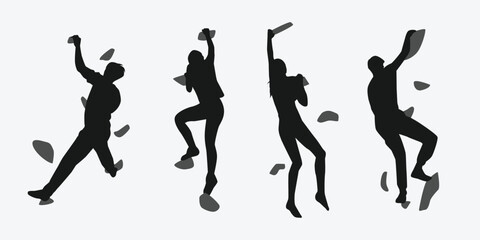 climbing wall silhouette collection set. sport, extreme, bouldering, rock, concept. different actions, poses. vector illustration.