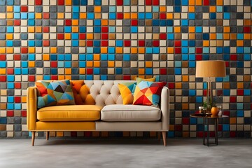 Contemporary Living Space: Beige Tufted Sofa Against Concrete Wall with Vibrant Mosaic