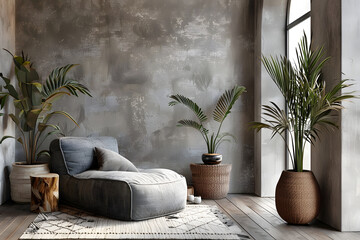 interior in modern grunge style in gray colors, room with a gray armchair and dry plants in vases