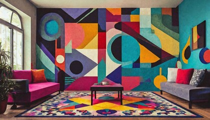 an artistic room carpet design with abstract shapes and bold colors, inspired by contemporary art movements like abstract expressionism or cubism, to add a unique focal point to the room