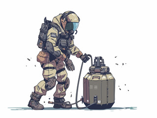  A bomb disposal expert remotely operates a bomb disposal robot to safely defuse a dangerous explosive device.  - obrazy, fototapety, plakaty