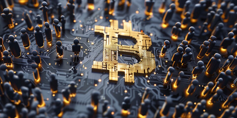 Golden Bitcoin logo stands out on an electronic board amid silhouetted figures, representing a digital network