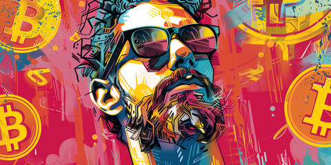 Colorful artwork of a man in sunglasses with Bitcoin symbols, exuding a cool, financial savvy vibe
