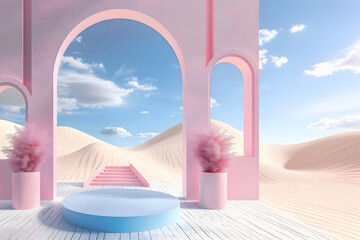 3D podium with arches in pink blue colors against desert and sky background, Abstract minimalistic podium background for product presentation
