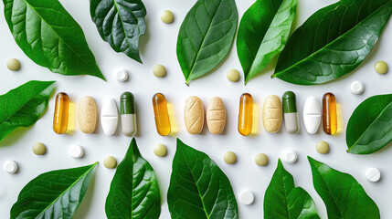 Assorted nutritional supplements and pills laid out among fresh green leaves, natural health concept - obrazy, fototapety, plakaty