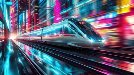 W wysokich prędkościach pociąg przejeżdża przez miasto oświetlone neonami w nocy.