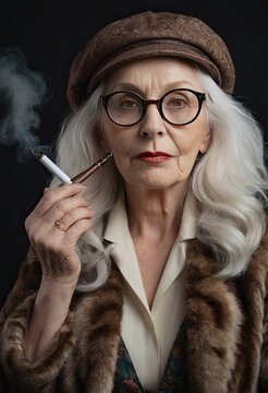Old wrinkled fashionable woman in glasses with a cigarette in hand. Women's health, bad habits, addiction