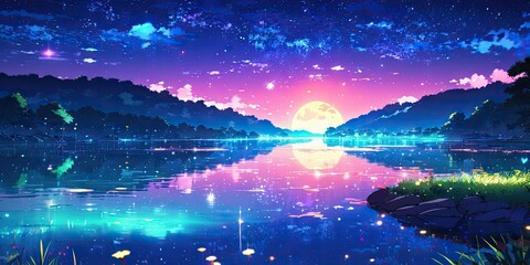 illustration of a lake at night with beautiful stars