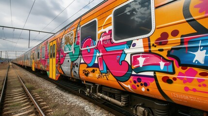 Pociąg z graffiti - obrazy, fototapety, plakaty