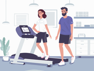  A patient walks briskly on a treadmill in a gym sweat dripping down their face while a personal trainer observes and encourages. 