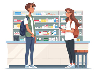  A pharmacist counsels a teenager on the responsible use of over-the-counter medication emphasizing safety and proper dosage. 