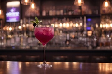 fuchsia cocktail on the background of the bar. The background is blurred - obrazy, fototapety, plakaty