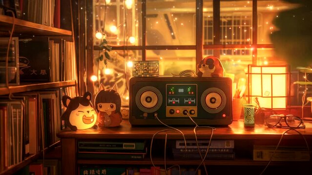 Room radio with cozy lamp for Lofi background music. seamless looping 4k time-lapse animation video background