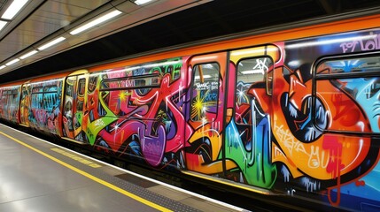Metro podziemne na stacji, którego boki ozdobione są w graffiti. - obrazy, fototapety, plakaty