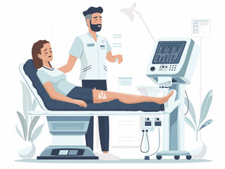  A physical therapist uses ultrasound therapy on a patient's injured muscle promoting healing and pain relief. 