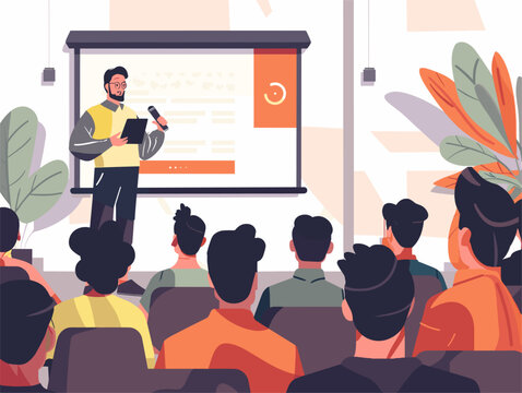  A presenter stands confidently in front of a room filled with attendees delivering a captivating speech about the latest cybersecurity trends. 