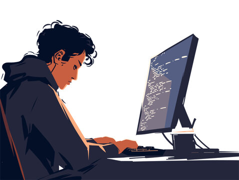  A programmer hunches over their keyboard lines of code scrolling on the screen as they type furiously to fix a bug. 