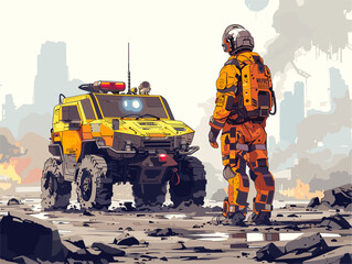  A search and rescue team deploys a search robot in a disaster zone locating survivors and navigating dangerous environments too hazardous for humans.  - obrazy, fototapety, plakaty