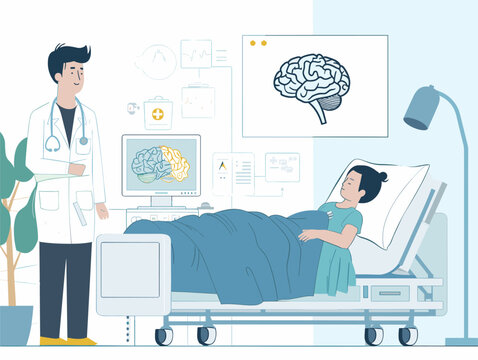  A sleep researcher observes the brain activity of a volunteer during a sleep study aiming to understand sleep patterns and disorders. 