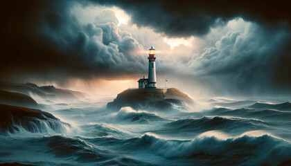 lighthouse on the coast in bad weather - obrazy, fototapety, plakaty
