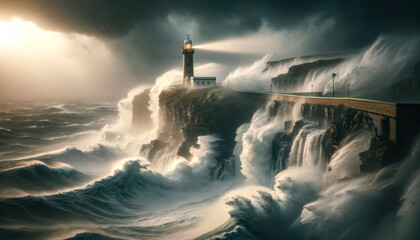 lighthouse on the coast in bad weather - obrazy, fototapety, plakaty