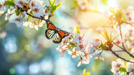 Beautiful Spring Nature Background with Butterflies