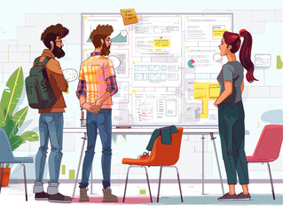  A team of designers brainstorm user interface concepts on a digital whiteboard iterating on layouts and functionalities.  - obrazy, fototapety, plakaty