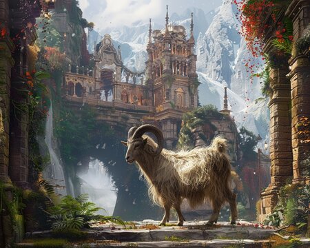 Depict a majestic Goat in a dreamlike setting blending realism with fantasy elements