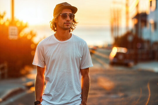 Stylish young man in casual wear and sunglasses posing during a warm sunset