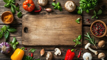 Rustic wooden table background with copy space. Old cutting board, ingredients for preparation. vegetables, spices, mushrooms and herbs. top view