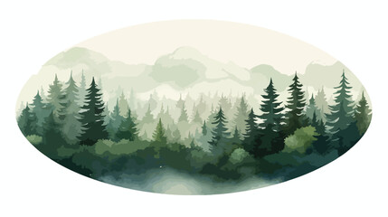 Green foggy spruce forest landscape watercolor round