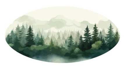 Tuinposter Green foggy spruce forest landscape watercolor round © Blue