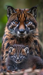 Obraz premium Male oncilla and kitten portrait, ample space on left for text, object on right side