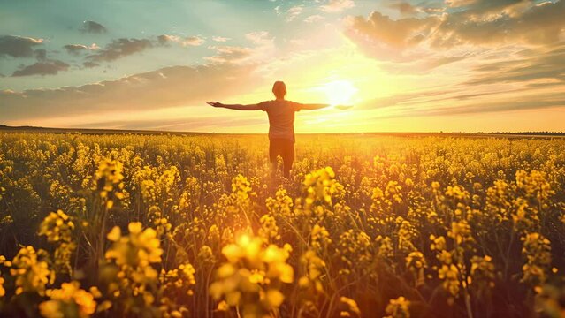 Young man with arms held wide walking through a wild mustard field at sunset