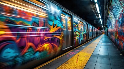 Wizerunek metra poruszającego się szybko przez miejskie tory, pokryte graffiti, symbolizujące zaniedbanie i nielegalne malowanie na ścianach.