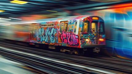 Kolorowy pociąg pokryty graffiti pędzi po torach rozmazując cały obraz. 
