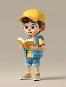 3D rendering of cute cartoon little boy carrying school bag going to school scene illustration