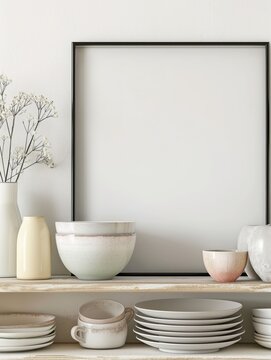 Artful Arrangement : Mock-Up Frame Amongst Modern Tableware and flower.