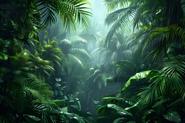 Fototapeta na wymiar Dark tropical forest with large exotic plants in the rain, creating a lush and mysterious atmosphere