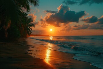 Fototapeta na wymiar Tropical evening landscape. Beautiful sunset over the ocean. The orange disk of the sun hides behind the horizon