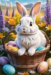 White bunny with Easter eggs in nature.