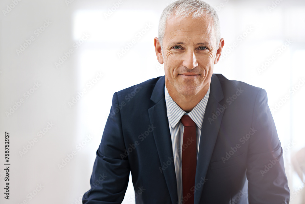 Canvas Prints Mockup, portrait and mature businessman, happy ceo or senior manager at corporate startup office. Smile, confidence and face of business owner, boss or entrepreneur at professional agency with pride