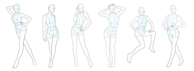 Female body mannequin. Template for fashion sketch ideas of women's clothing. Fashion design. Luxury outline vector illustration set	